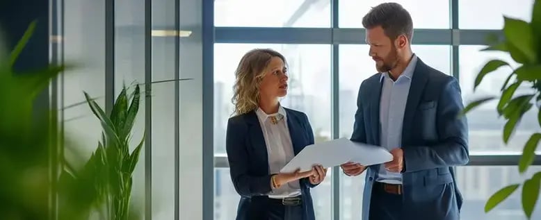 Two businesspeople in a bright, modern office review a document about SAP Business One vs QuickBooks together