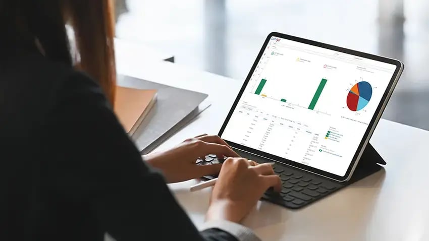 Businesswoman on a laptop examines Lumiya's purchase, expense management, and sales order automation