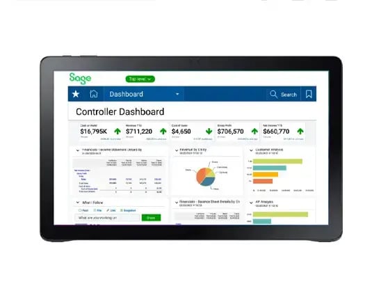 Tablet screen shows a Sage Intacct controller dashboard with charts, graphs, and lists
