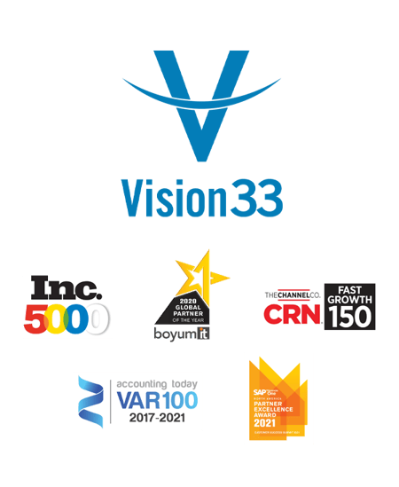 Vision33 logo and the logos of awards Vision33 has won