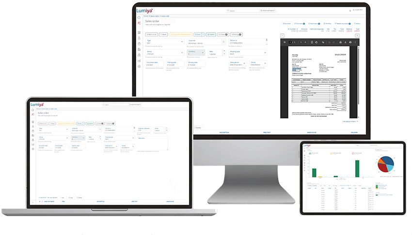 Laptop, tablet, and computer monitor show charts and data from Lumiya Laptop, tablet, and computer monitor show charts and data from Lumiya