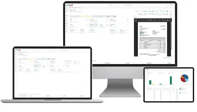 Laptop, tablet, and computer monitor show charts and data from Lumiya