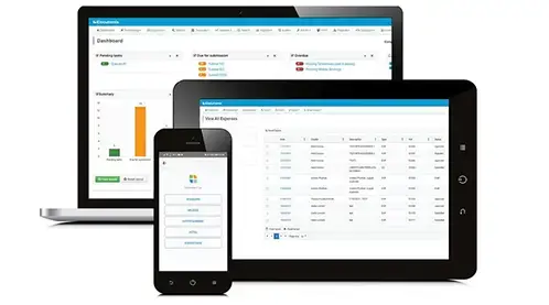 Laptop, tablet, and smartphone show charts and data from iDocuments